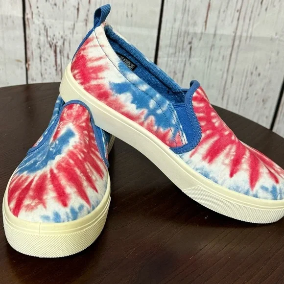SKECHERS MEMORY FOAM red white & blue tie dye Canvas Slip ons 7.5 NWT - Picture 10 of 16